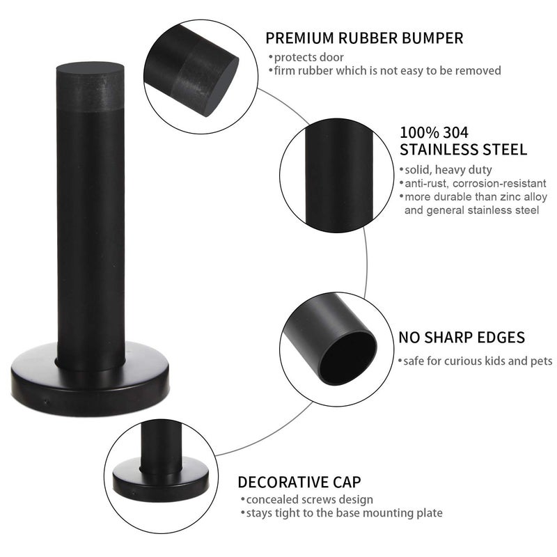 Orhemus Decorative Door Stoppers - 3.5 Inch 304 Stainless Steel Heavy Duty Door Stops with Rubber Tip Bumper for Wall and Door Protection Sound Dampening 2 Pack Matte Black - Image 4